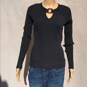Chaus Black Large Ladies Slimming Ribbed Long Sleeve Sweater Tortoise Shell Neck